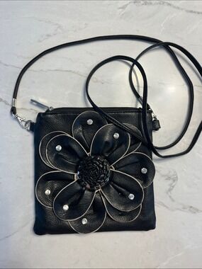 Black Floral Appliqué Crossbody Bag with Crystal Accents